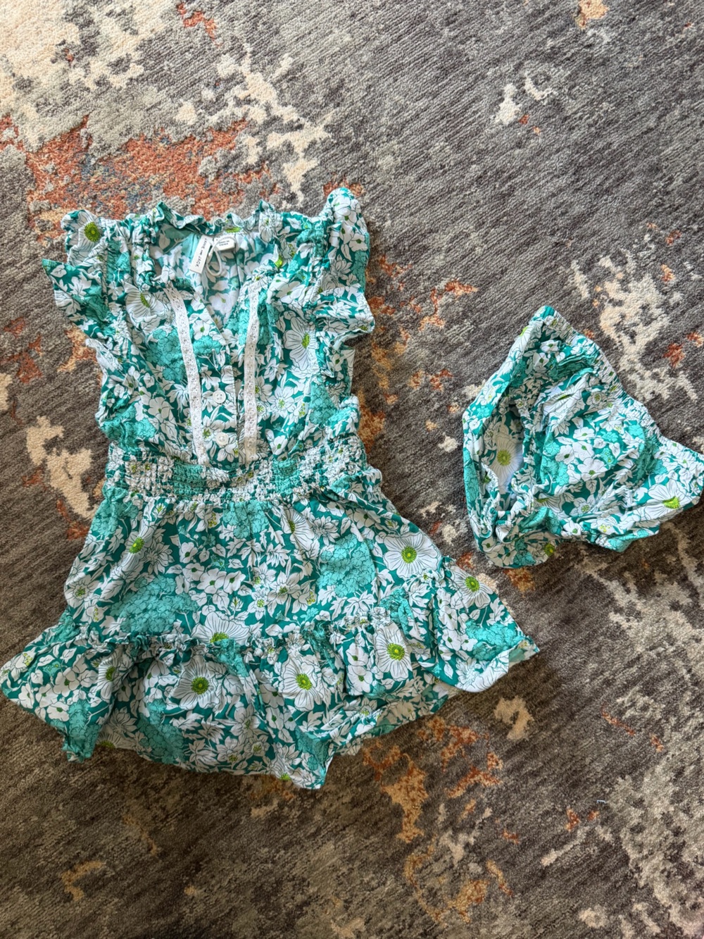 Janie and Jack Teal and White Floral Ruffle Top